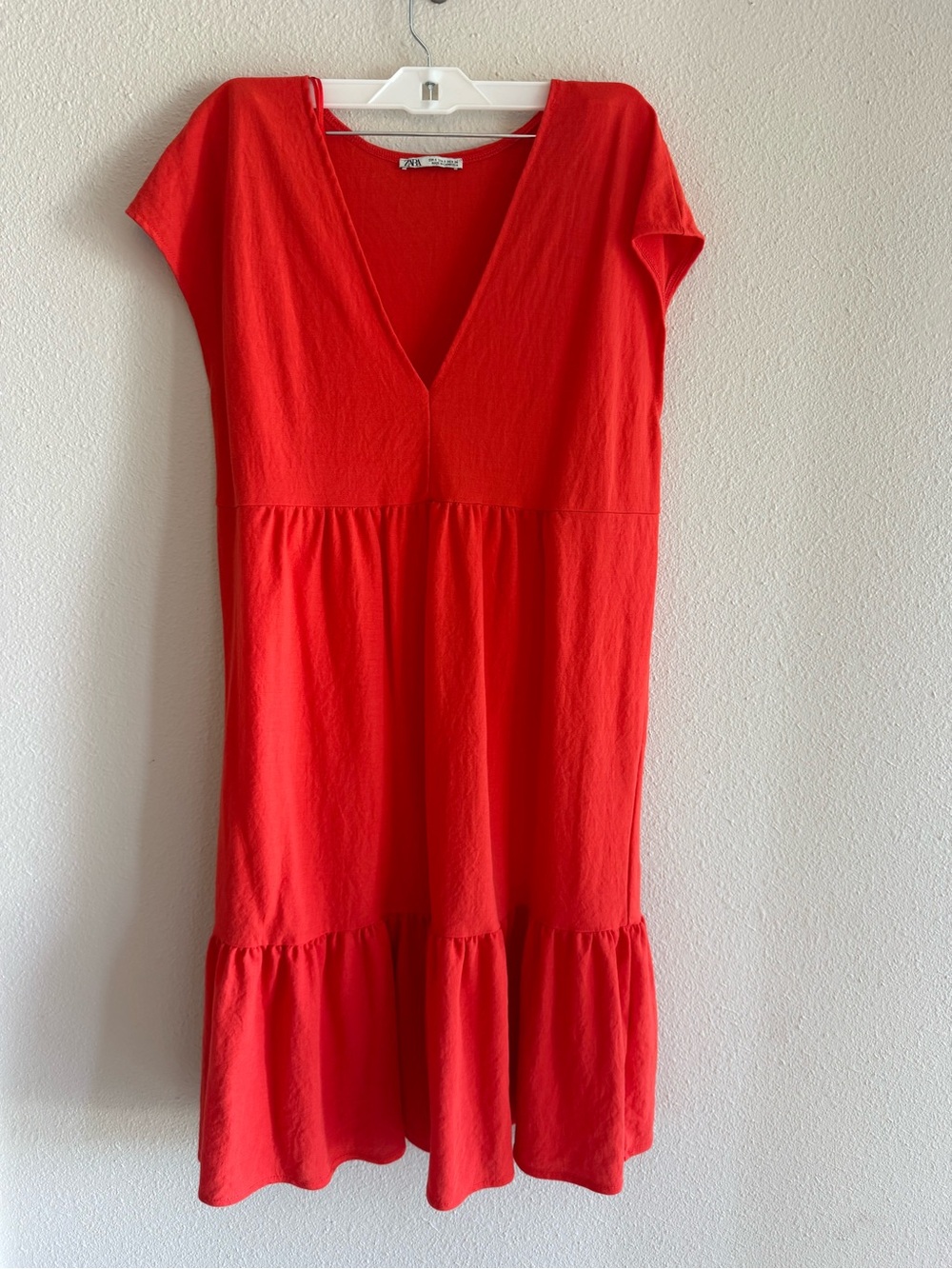 Zara Bright Red V-Neck Tiered Casual Dress